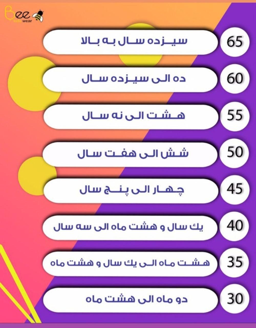 جدول سایزبندی براساس سن